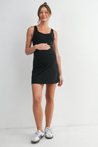 Black Ribbed Maternity Tennis Tank Dress with Built-In Shorts Full Body View