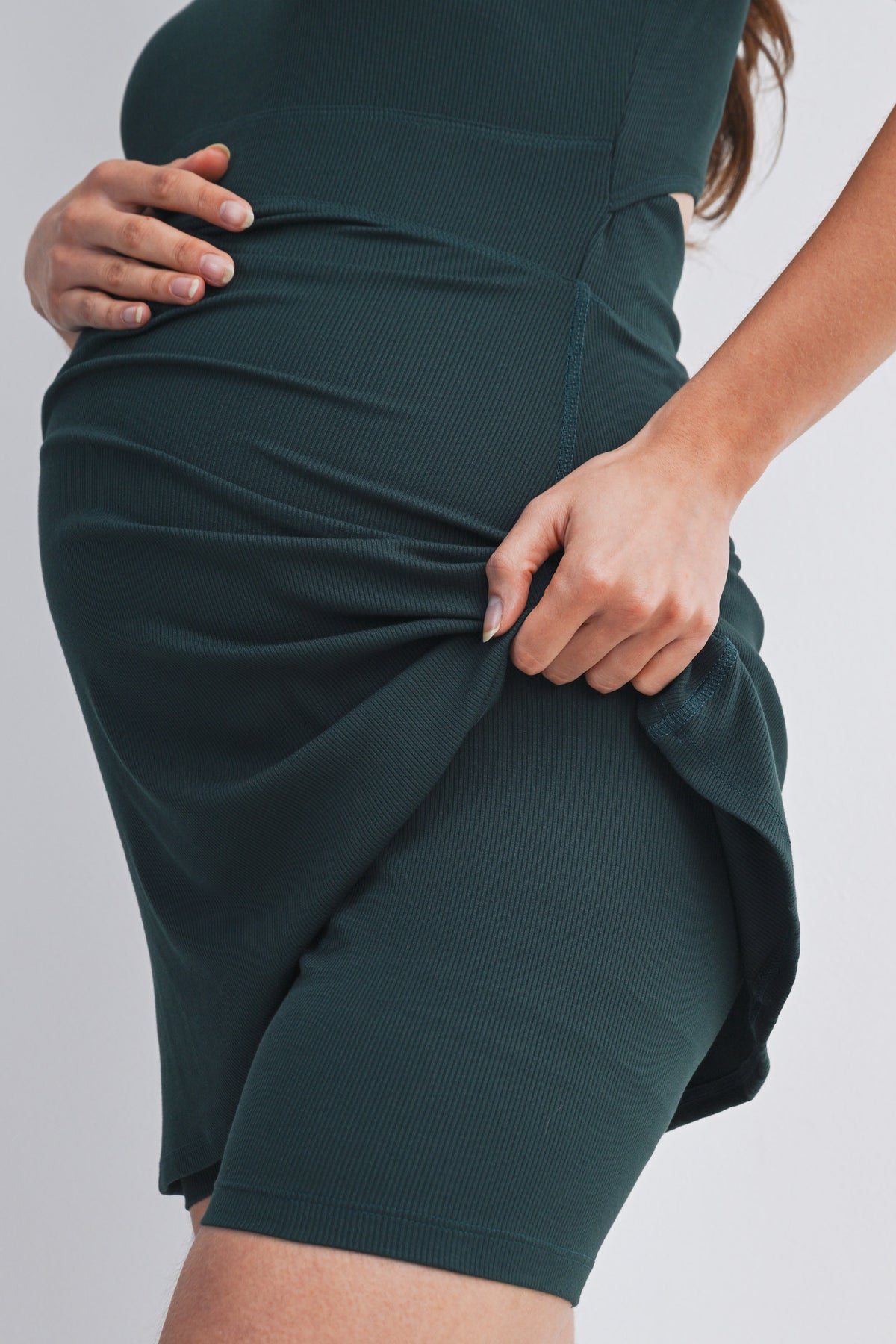 Hunter Green Ribbed Maternity Tennis Tank Dress with Built-In Shorts Close Up Detail