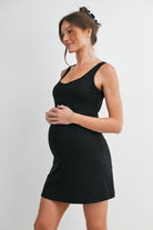 Black Ribbed Maternity Tennis Tank Dress with Built-In Shorts Side View