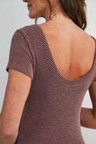 Red Brown Bodycon Ribbed Scoop Neck Short Sleeve Maternity Dress Close Up