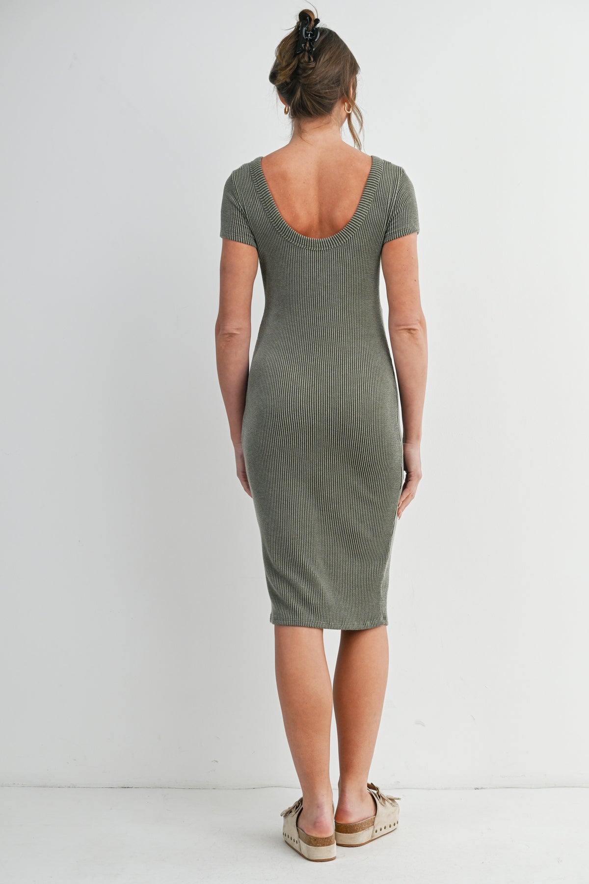 Olive Bodycon Ribbed Scoop Neck Short Sleeve Maternity Dress Back View
