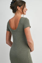 Olive Bodycon Ribbed Scoop Neck Short Sleeve Maternity Dress Close Up