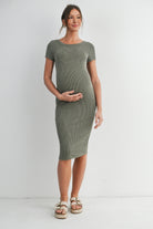 Olive Bodycon Ribbed Scoop Neck Short Sleeve Maternity Dress Front View