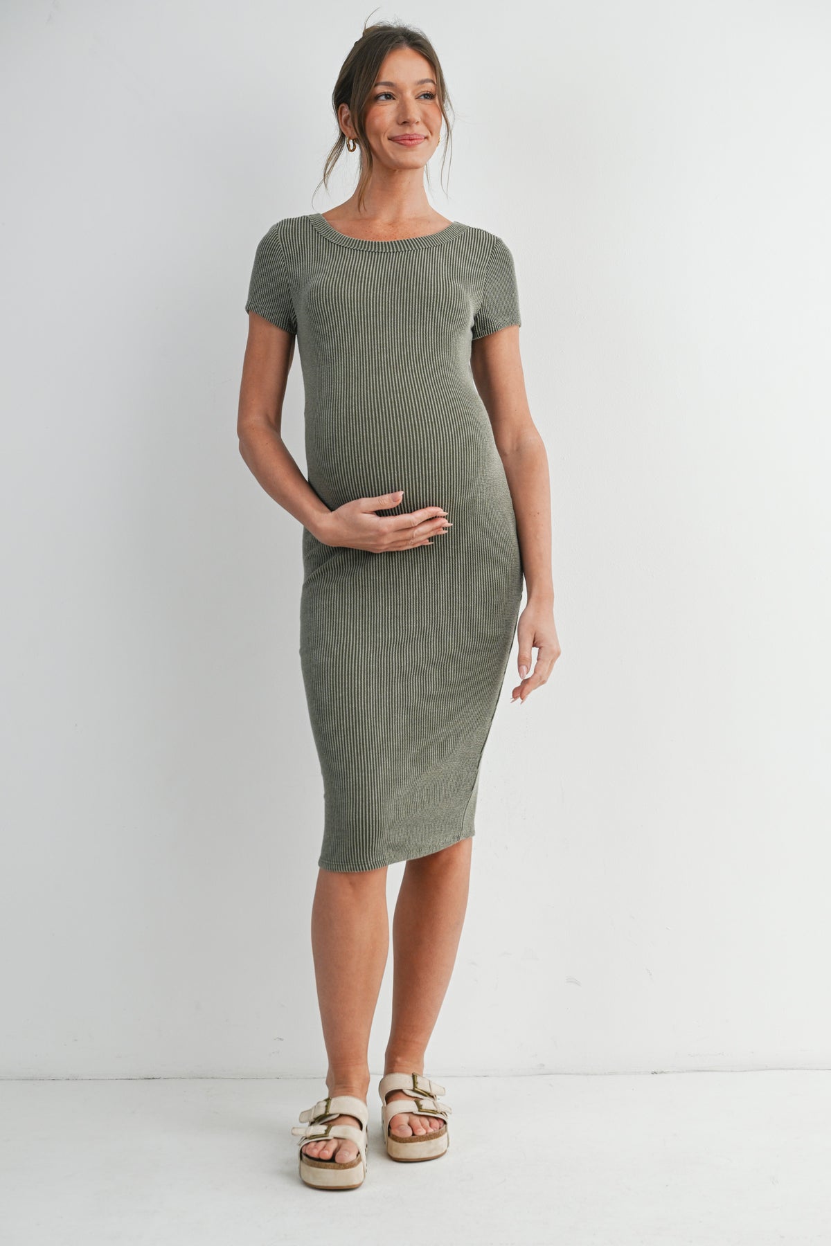 Olive Bodycon Ribbed Scoop Neck Short Sleeve Maternity Dress Front View
