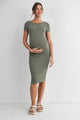 Olive Bodycon Ribbed Scoop Neck Short Sleeve Maternity Dress Front View