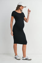 Black Bodycon Ribbed Scoop Neck Short Sleeve Maternity Dress Side View