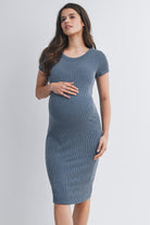 Denim Bodycon Ribbed Scoop Neck Short Sleeve Maternity Dress Front View