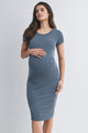 Denim Bodycon Ribbed Scoop Neck Short Sleeve Maternity Dress Front View