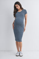Denim Bodycon Ribbed Scoop Neck Short Sleeve Maternity Dress Full Body