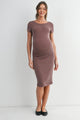 Red Brown Bodycon Ribbed Scoop Neck Short Sleeve Maternity Dress Front View