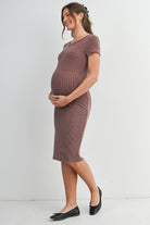 Red Brown Bodycon Ribbed Scoop Neck Short Sleeve Maternity Dress Side View