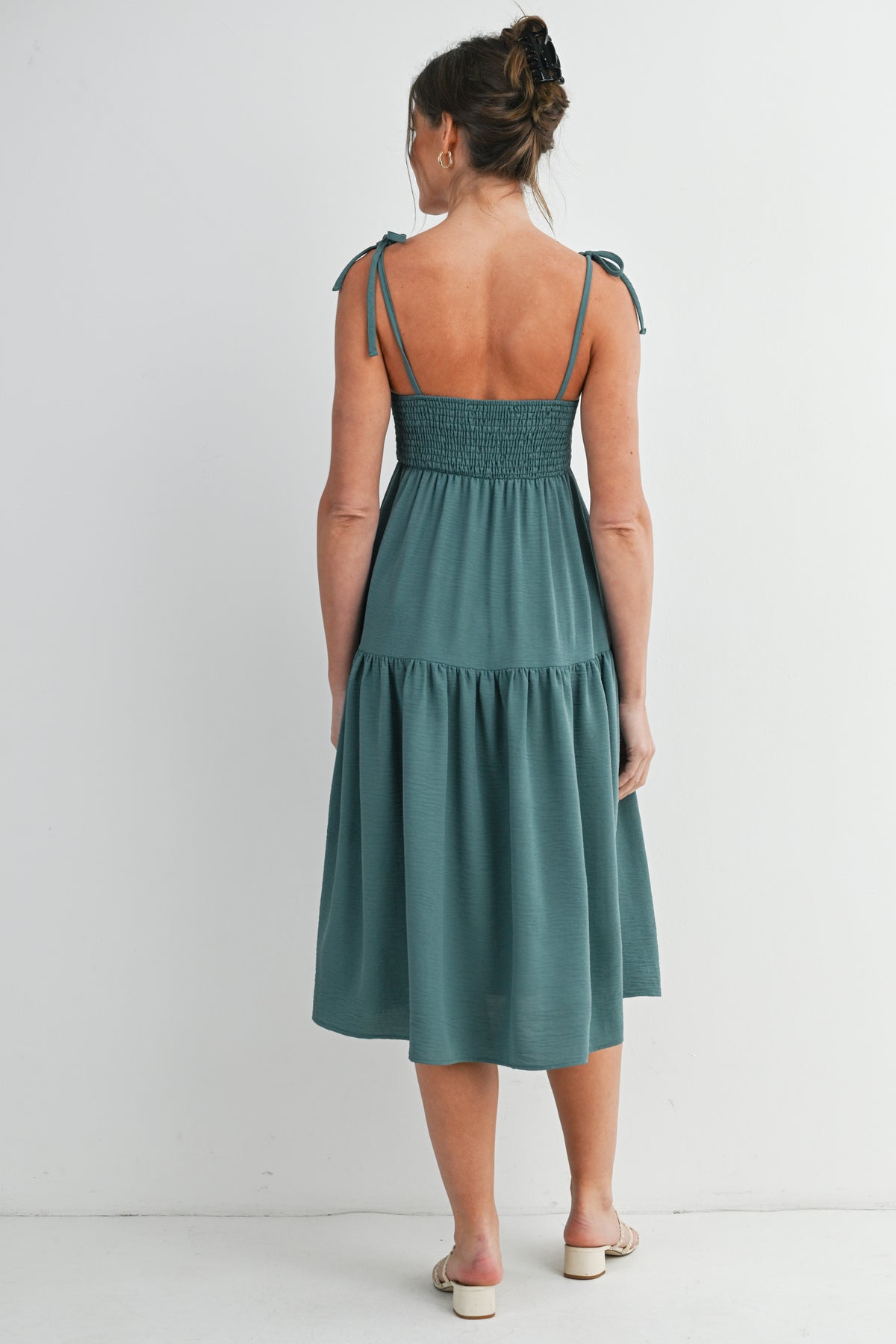 Green Smocked Empire Waist Maternity Midi Dress with Tie Straps & Pockets Back View