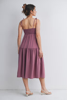 Mauve Smocked Empire Waist Maternity Midi Dress with Tie Straps & Pockets Back View