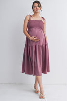 Mauve Smocked Empire Waist Maternity Midi Dress with Tie Straps & Pockets Front View