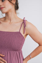 Mauve Smocked Empire Waist Maternity Midi Dress with Tie Straps & Pockets Close Up