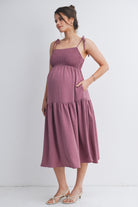 Mauve Smocked Empire Waist Maternity Midi Dress with Tie Straps & Pockets Side View