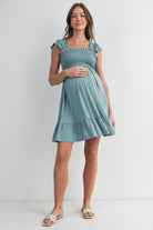 Sage Smocked Empire Waist Maternity Dress with Ruffle Hem Full Body
