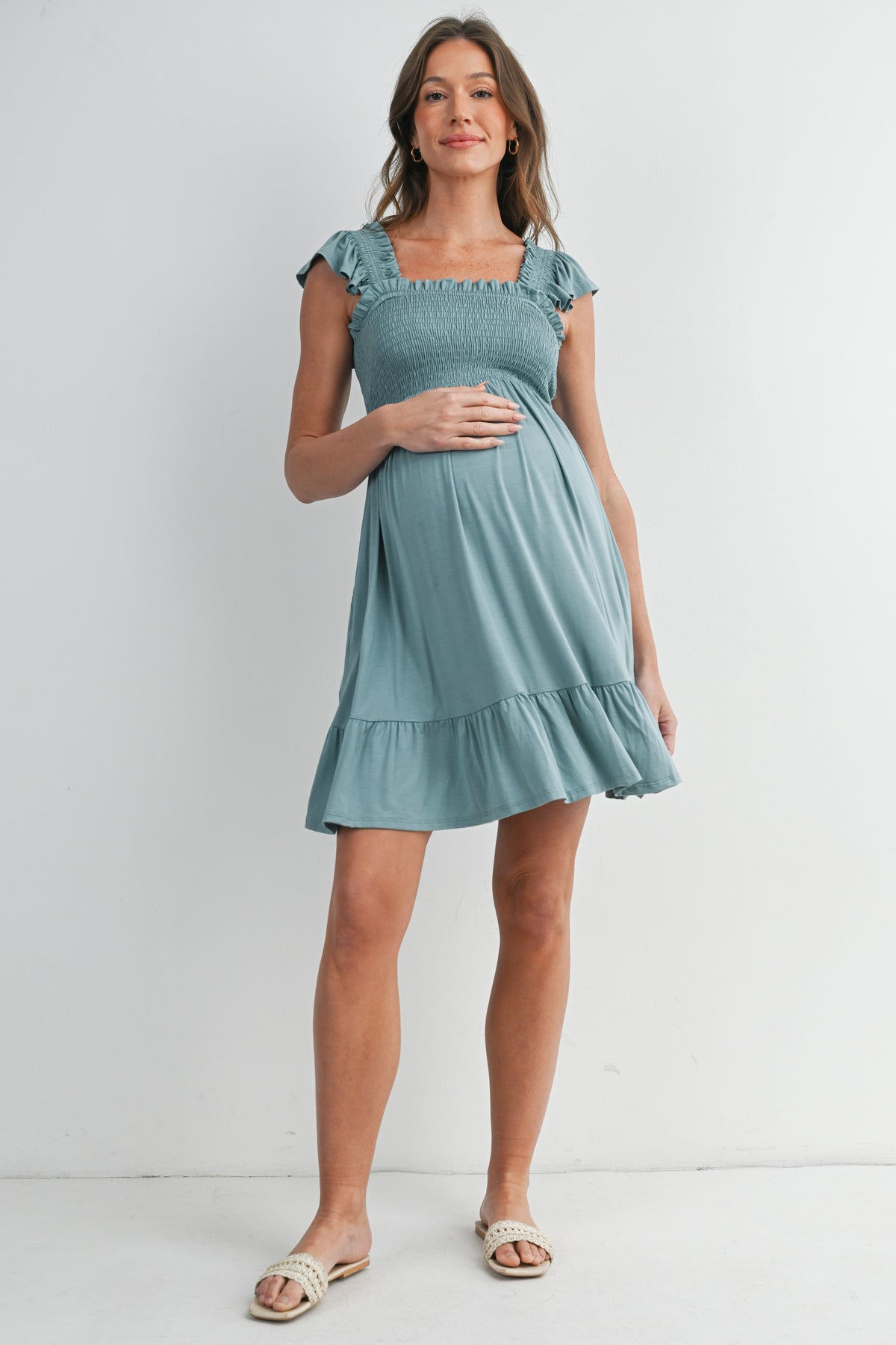 Sage Smocked Empire Waist Maternity Dress with Ruffle Hem Full Body