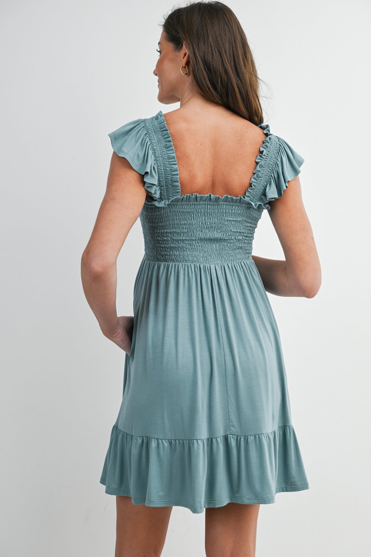 Sage Smocked Empire Waist Maternity Dress with Ruffle Hem Back View