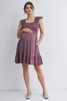 Mauve Smocked Empire Waist Maternity Dress with Ruffle Hem Full Body