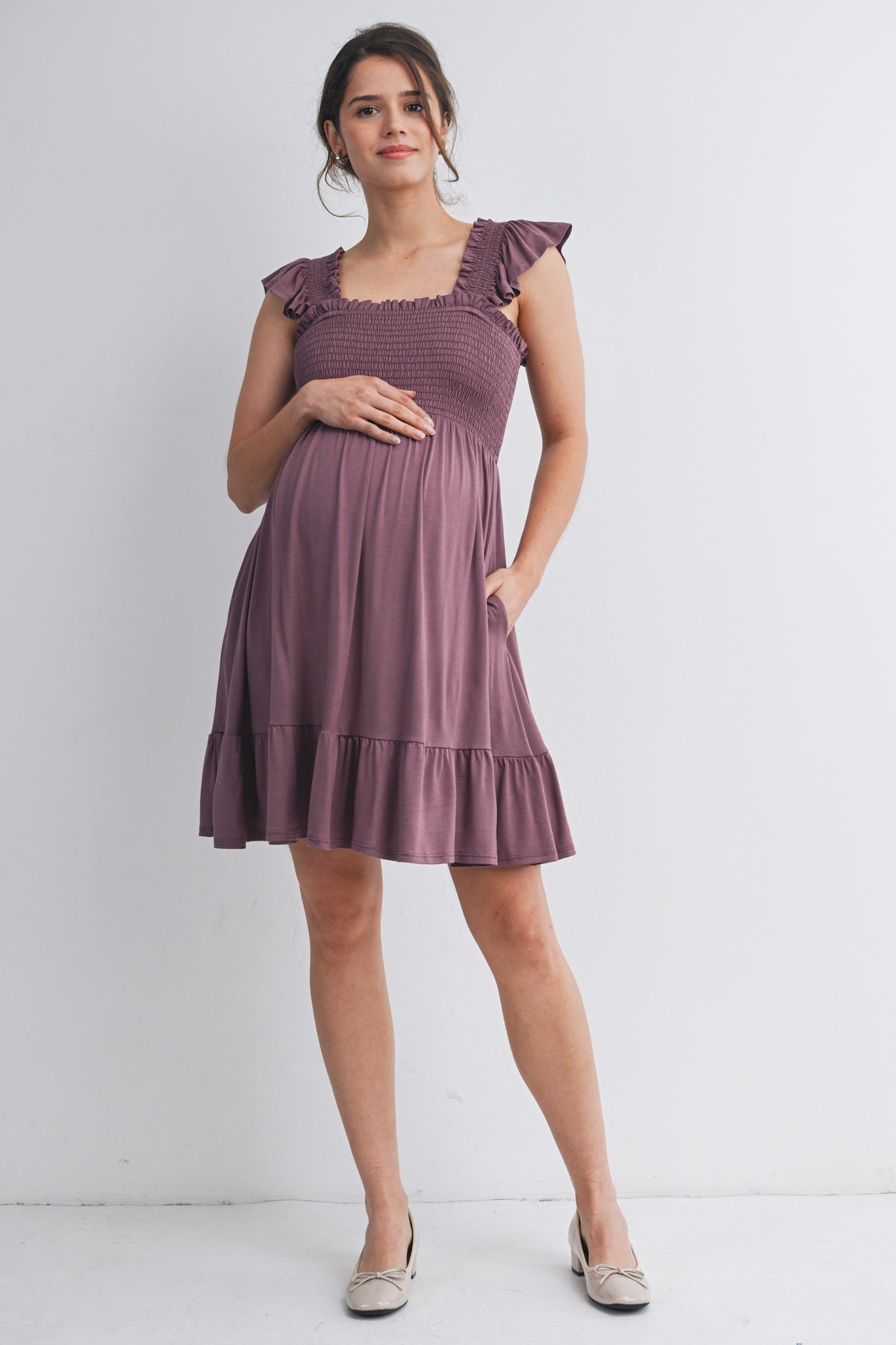 Mauve Smocked Empire Waist Maternity Dress with Ruffle Hem Full Body