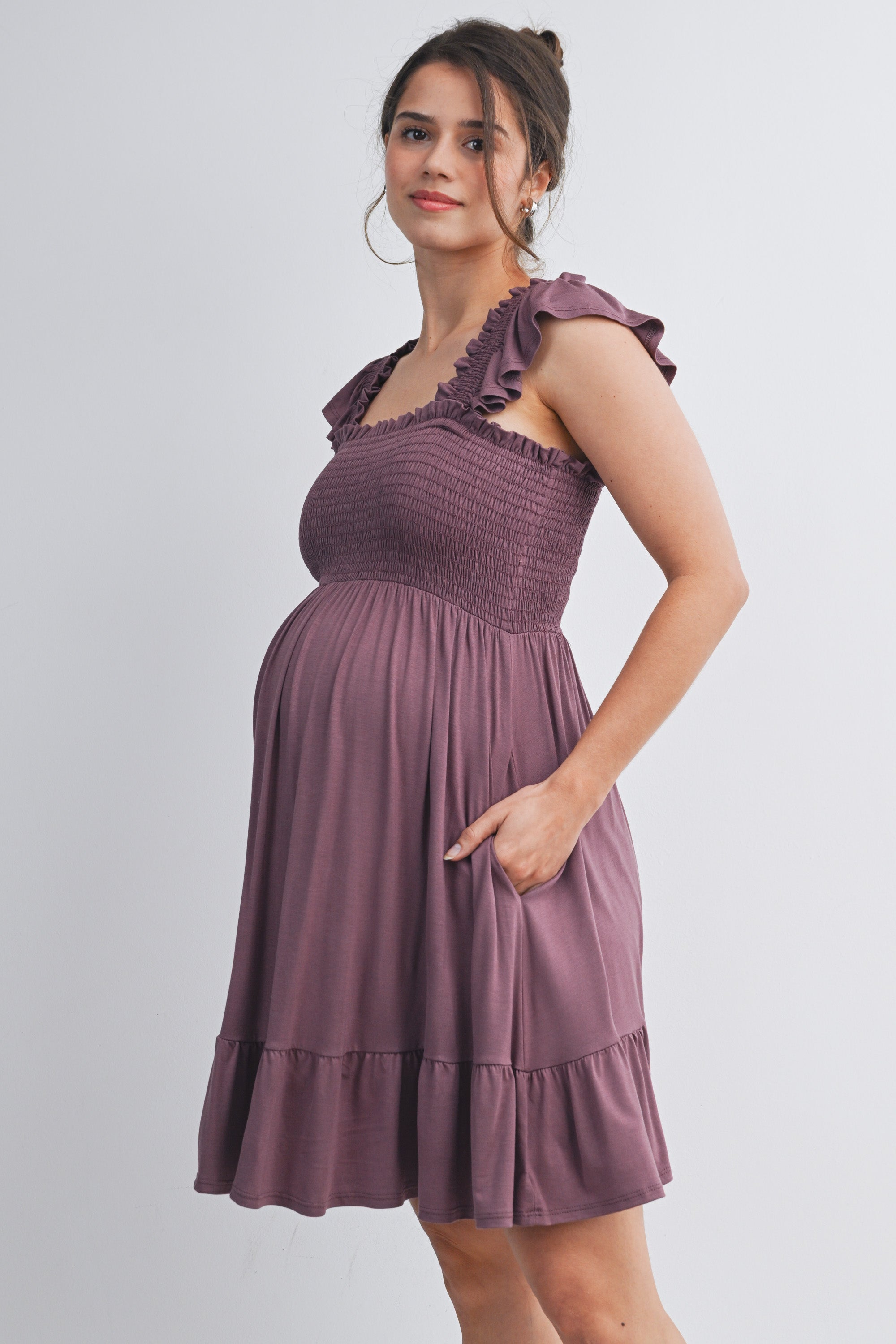 Smocked Empire Waist Maternity Dress with Ruffle Hem MAUVE / MEDIUM