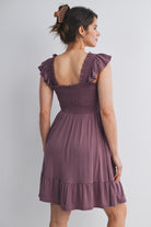 Mauve Smocked Empire Waist Maternity Dress with Ruffle Hem Back View