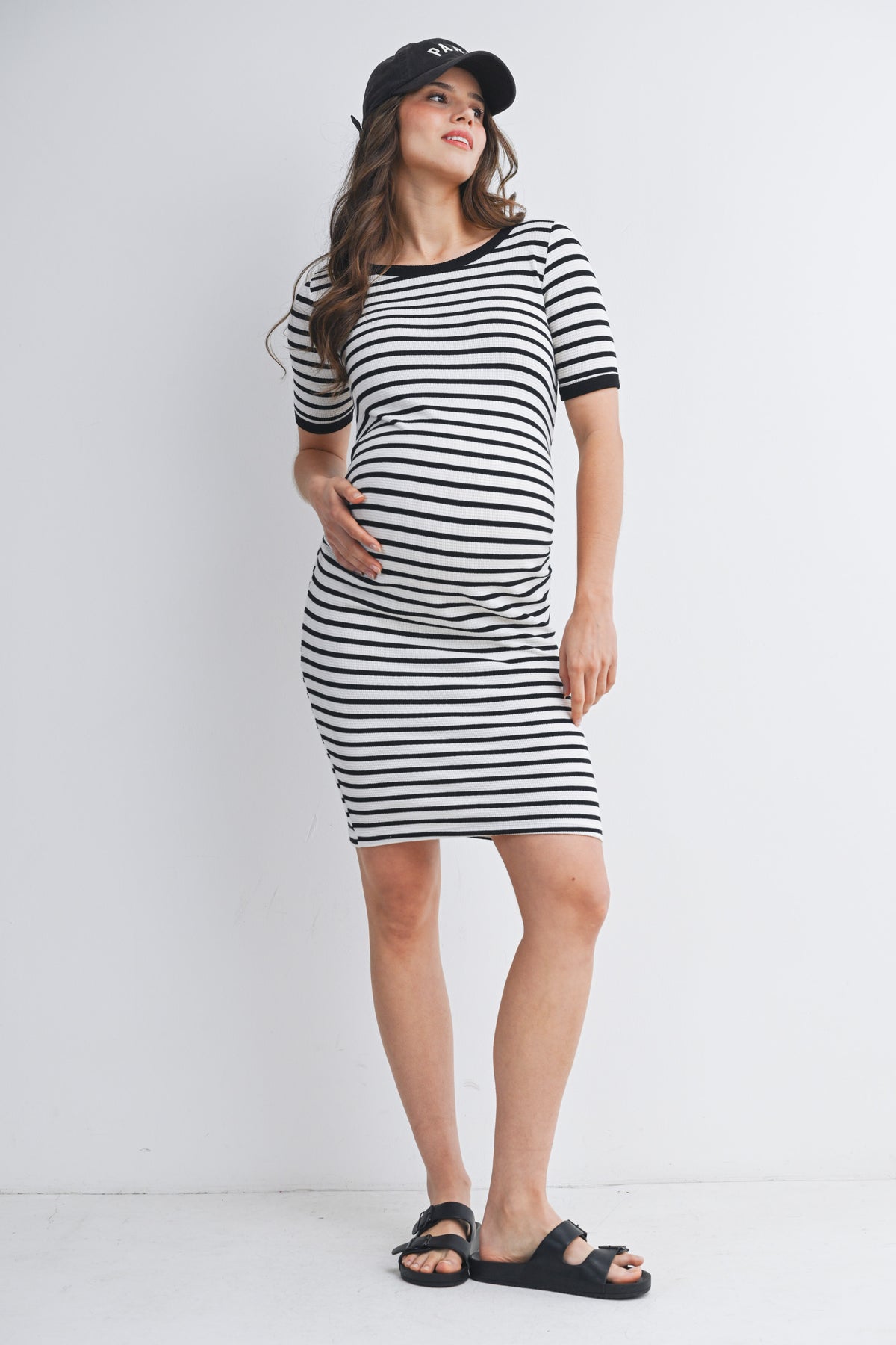 Cream/Black Casual Striped Short Sleeve Maternity Dress Full Body View