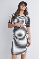 Cream/Black Casual Striped Short Sleeve Maternity Dress Front View