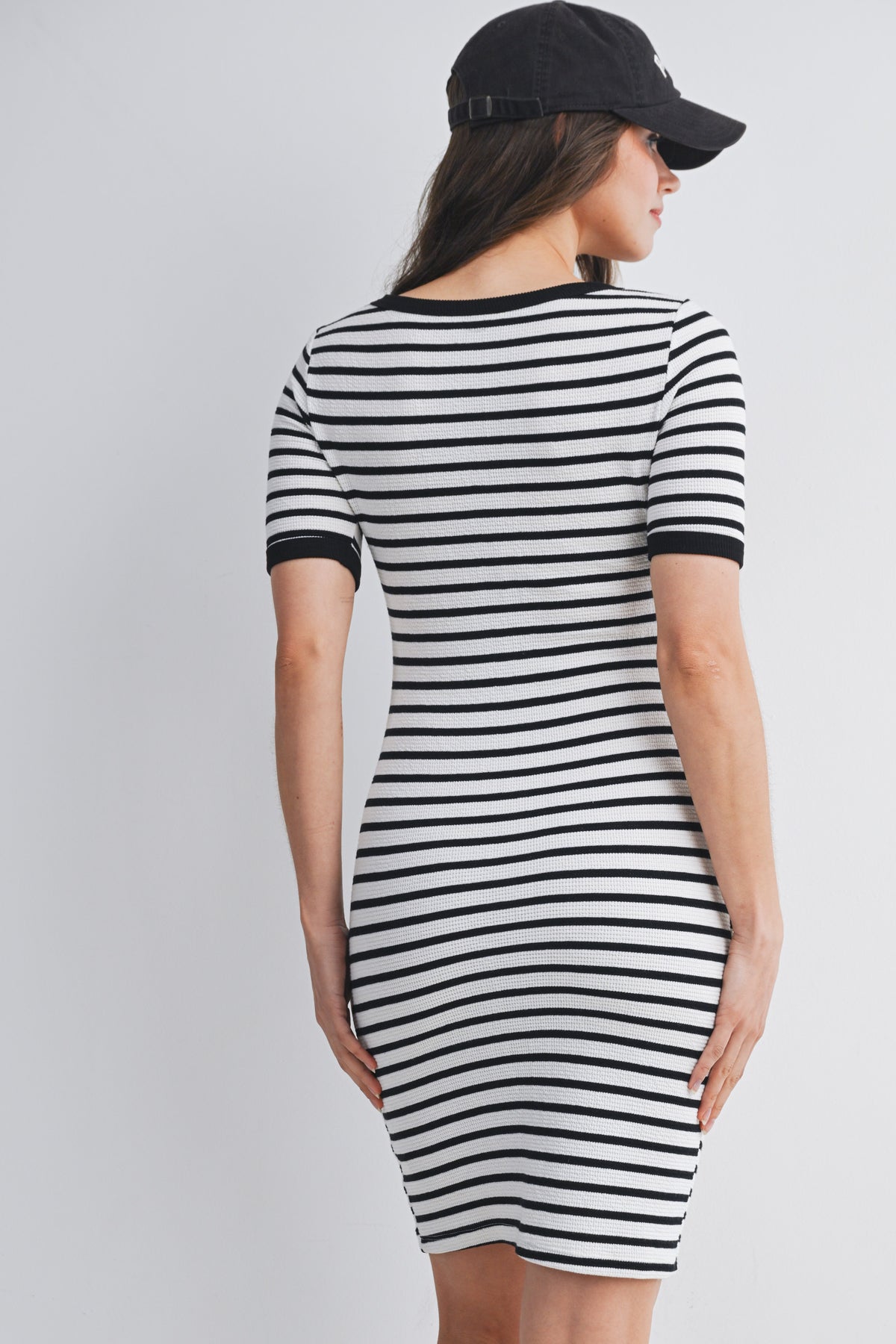 Cream/Black Casual Striped Short Sleeve Maternity Dress Back View