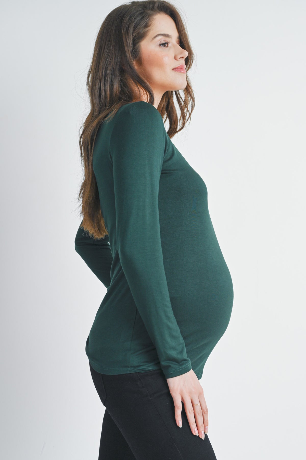 Hunter Green Fitted Long Sleeve Scoop Neck Maternity Top Side View
