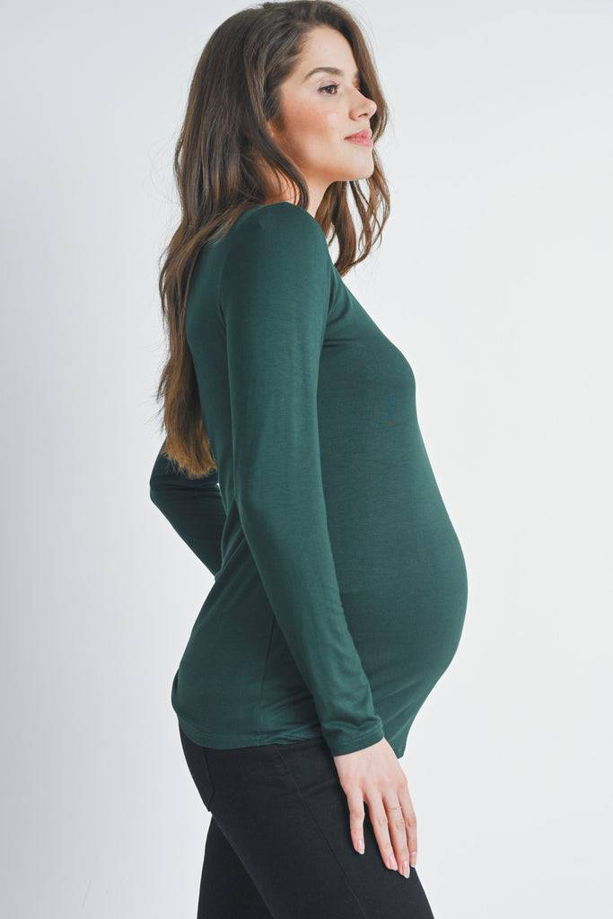 Hunter Green Fitted Long Sleeve Scoop Neck Maternity Top Side View