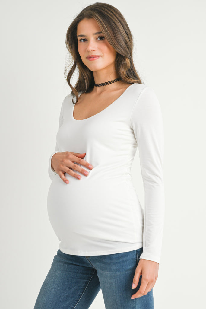 Off White Fitted Long Sleeve Scoop Neck Maternity Side View