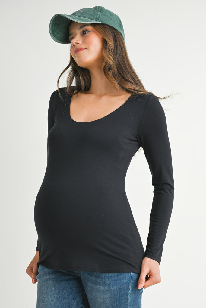 Black Fitted Long Sleeve Scoop Neck Maternity Side View