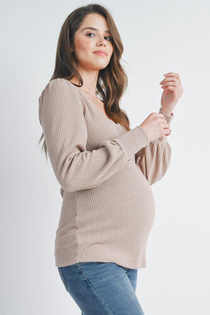 Sand Ribbed Long Sleeve V Neck Maternity Top Back View