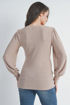 Sand Ribbed Long Sleeve V Neck Maternity Top Back View