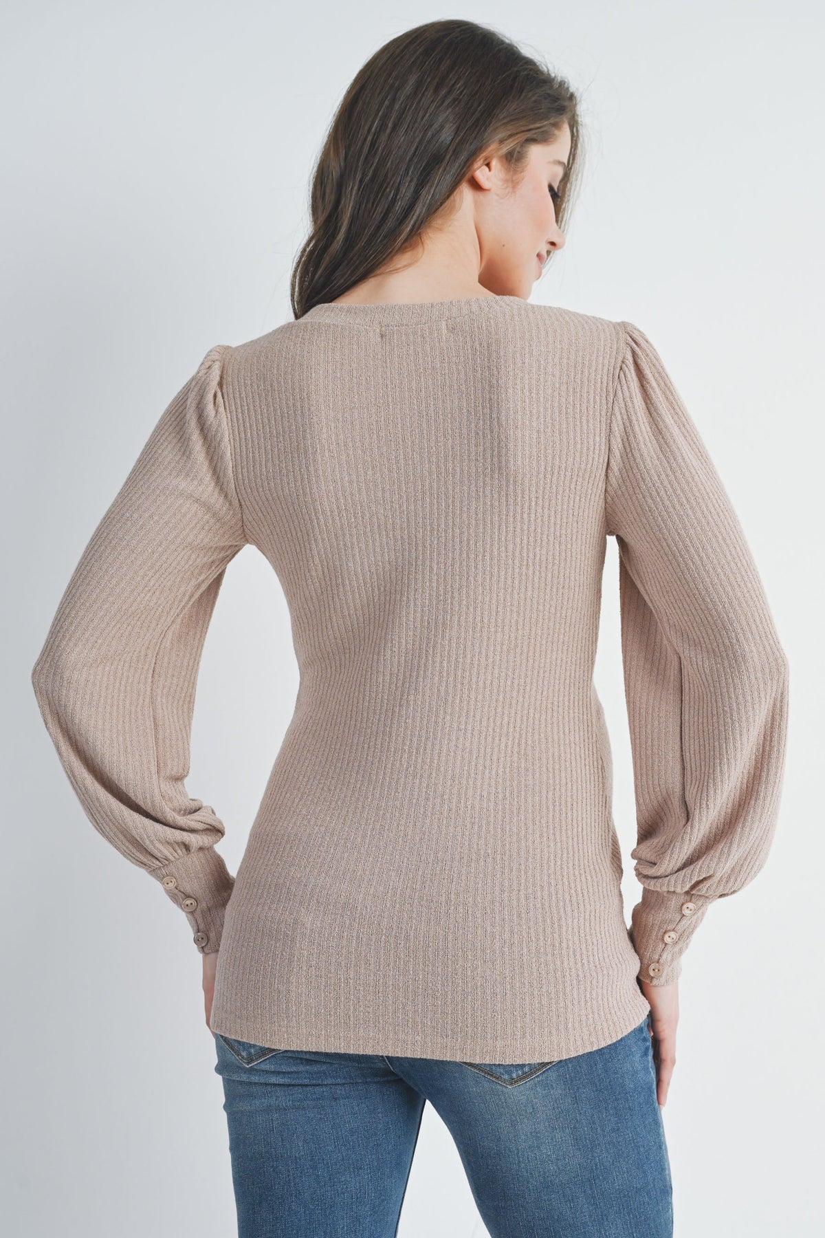 Sand Ribbed Long Sleeve V Neck Maternity Top Back View
