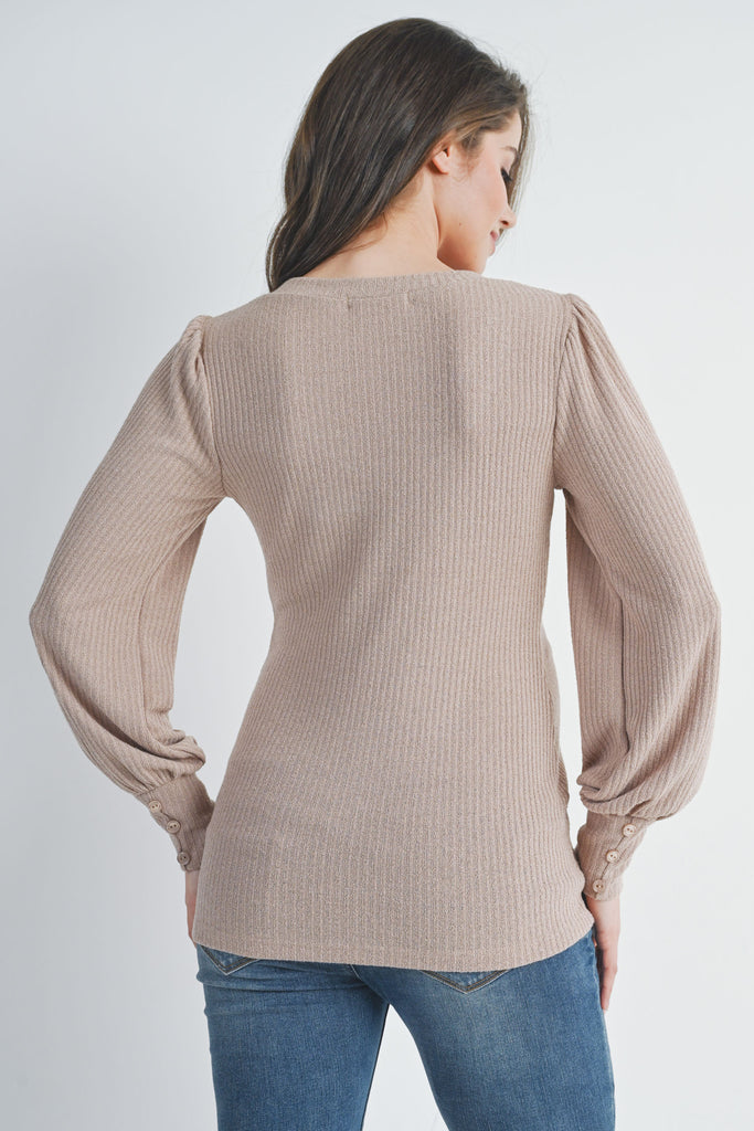 Sand Ribbed Long Sleeve V Neck Maternity Top Back View