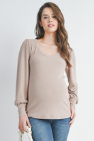 Sand Ribbed Long Sleeve V Neck Maternity Top Front View