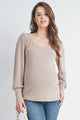 Sand Ribbed Long Sleeve V Neck Maternity Top Front View