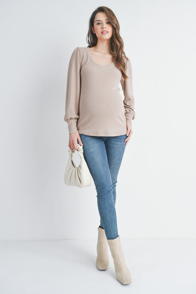 Sand Ribbed Long Sleeve V Neck Maternity Top Full Body
