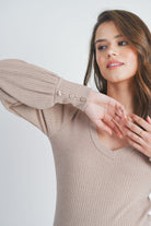 Sand Ribbed Long Sleeve V Neck Maternity Top Detail Close Up