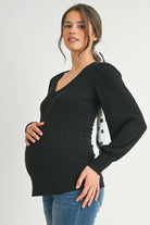 Black Ribbed Long Sleeve V Neck Maternity Top Side View