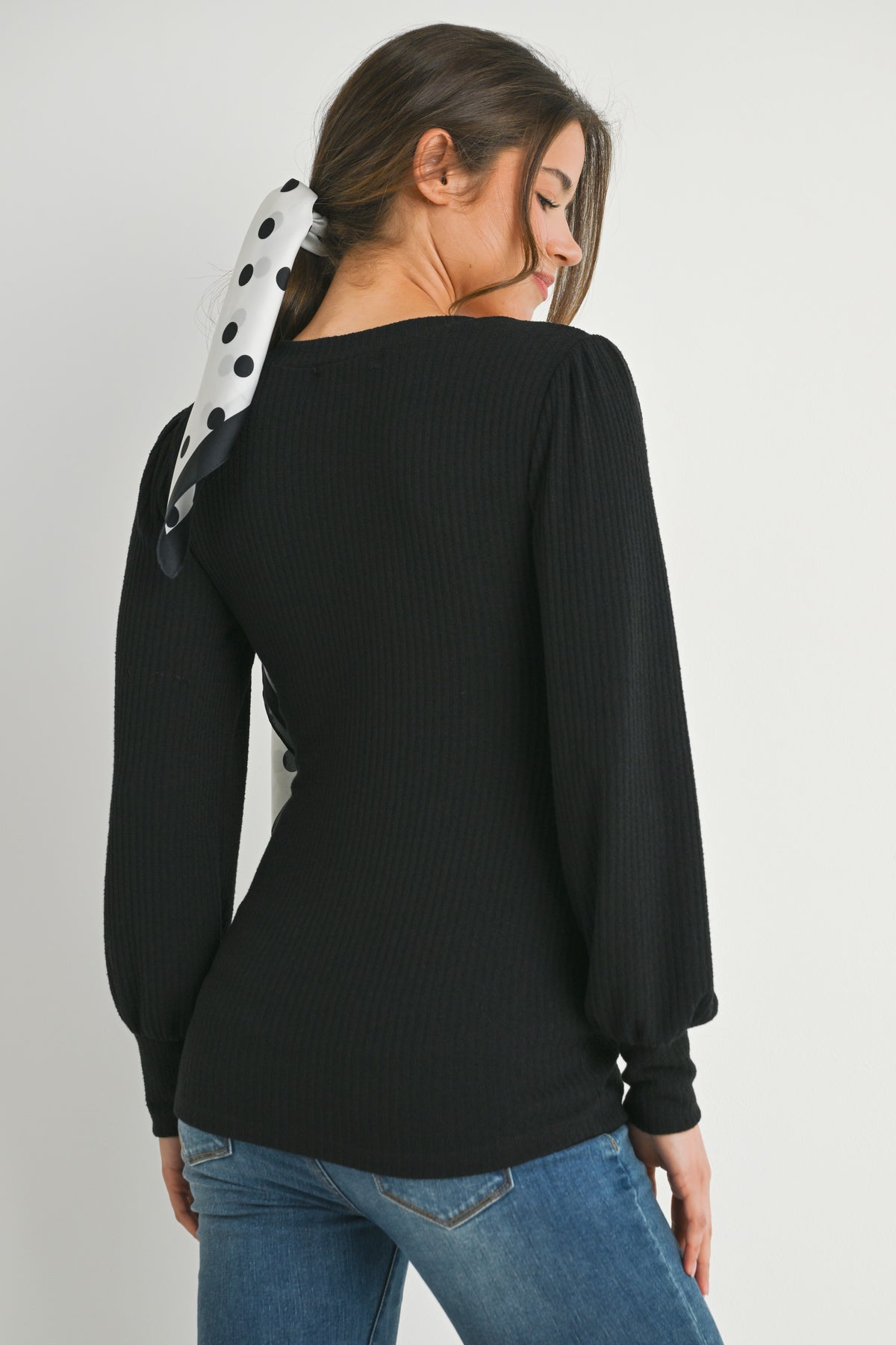 Black Ribbed Long Sleeve V Neck Maternity Top Back View