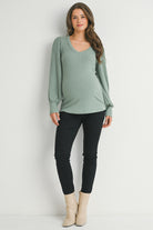 Sage Ribbed Long Sleeve V Neck Maternity Top Full Body