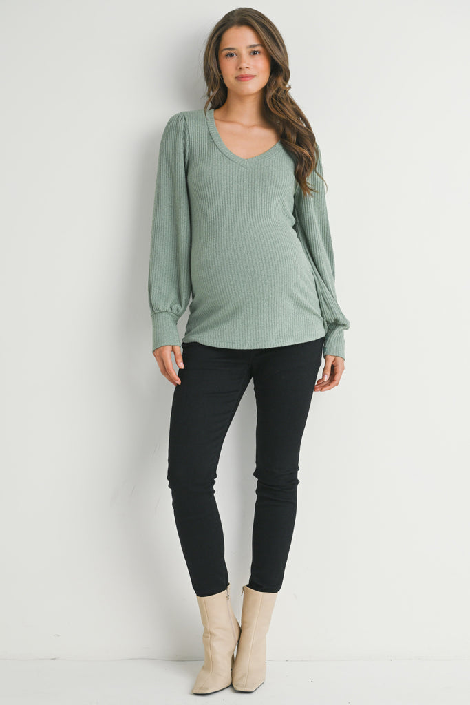 Sage Ribbed Long Sleeve V Neck Maternity Top Full Body