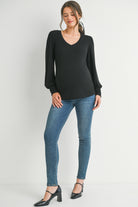 Black Ribbed Long Sleeve V Neck Maternity Top Full Body
