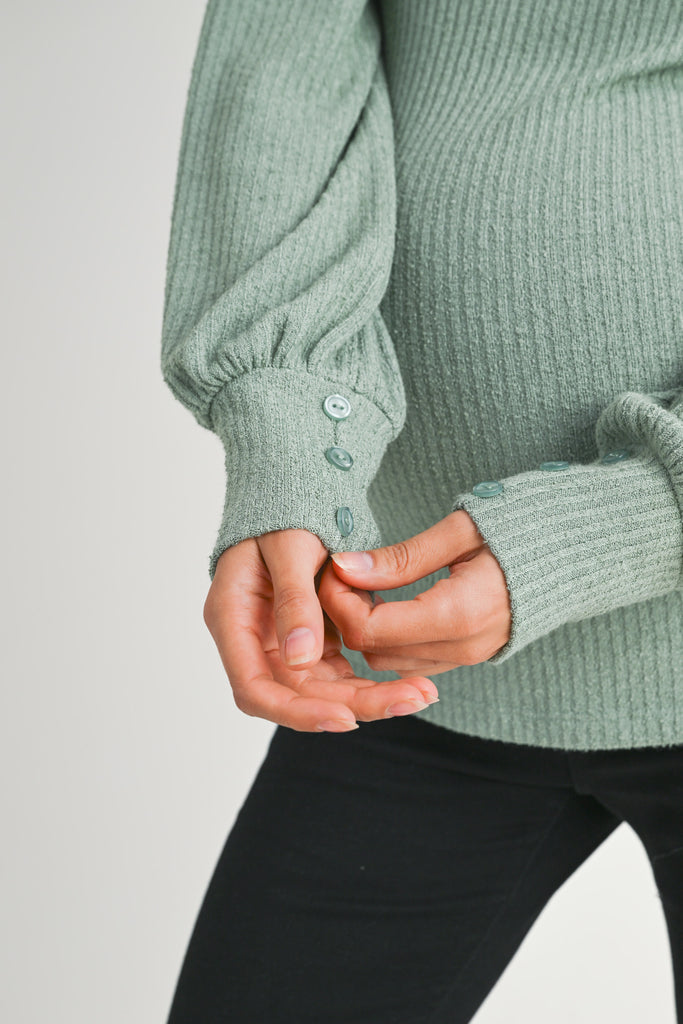 Sage Ribbed Long Sleeve V Neck Maternity Top Detail Close Up