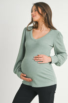 Sage Ribbed Long Sleeve V Neck Maternity Top Side View