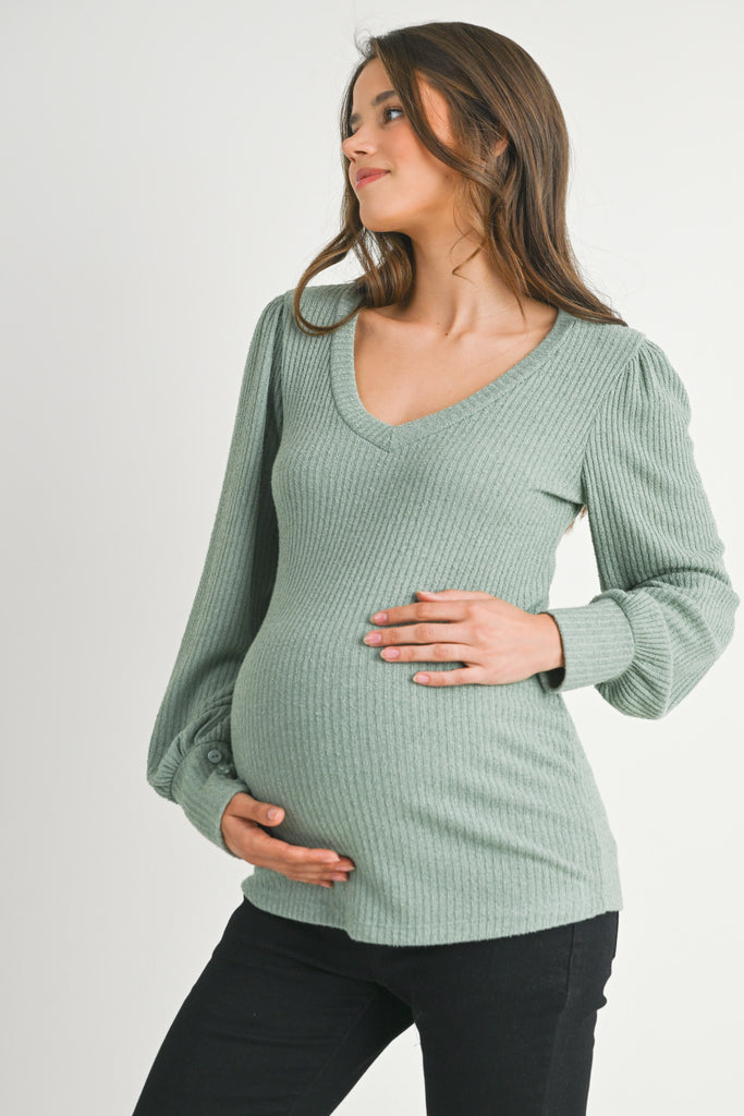 Sage Ribbed Long Sleeve V Neck Maternity Top Side View